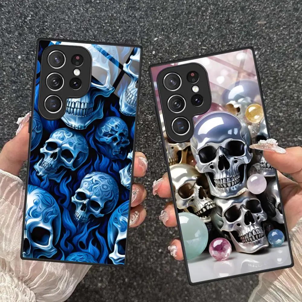 

Чехол для мобильного телефона с серебряным черепом для Samsung Galaxy S25 S24 S23 S22 S21 S20 Note20 Plus FE Ultra Glass Cover Pretty Cover