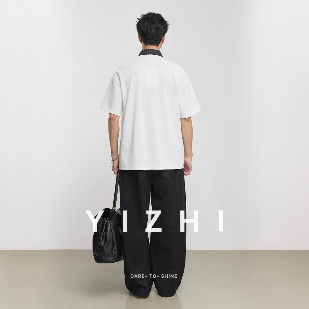 Heavy 230G Contrasting Striped Lapel Half Zipper POLOT Shirt Men In Summer Loose Simple And Trendy Short-sleeved