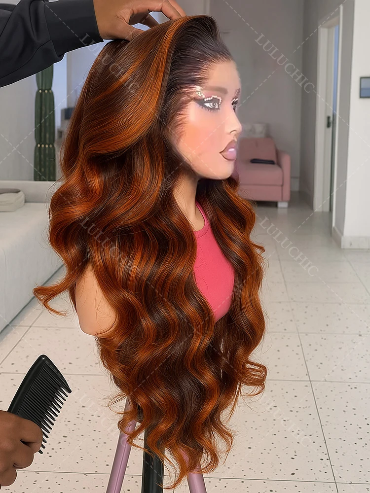 P4/350 الزنجبيل البرتقالي مع البني أومبر تسليط الضوء على شعر مستعار الجسم موجة 5x5 الدانتيل إغلاق جاهزة لارتداء خصلات الشعر المستعار الإنسان غلويليس للبيع #1