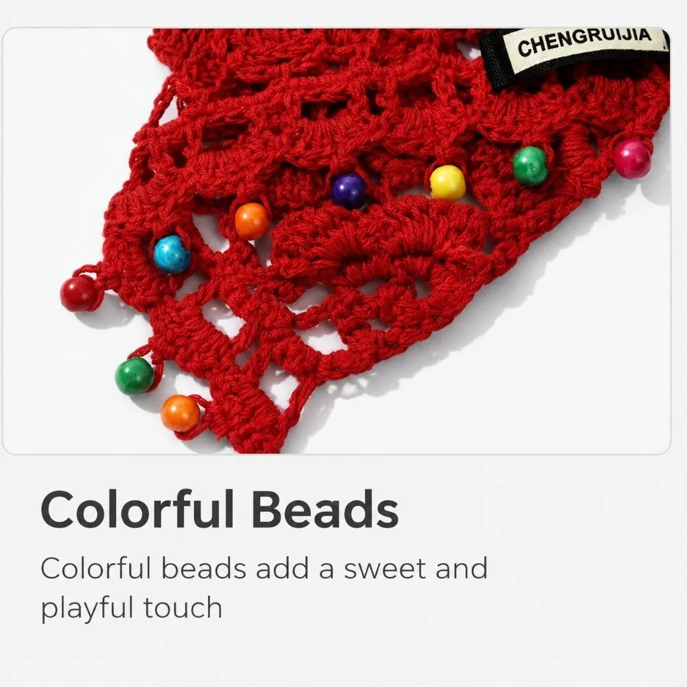 Openwork Crochet Knitted Beanie Color Bead Tassel Drawstring Strap Crochet Headwrap Hand‑hooked Craft Soft Yarn Fabric Boho Hat