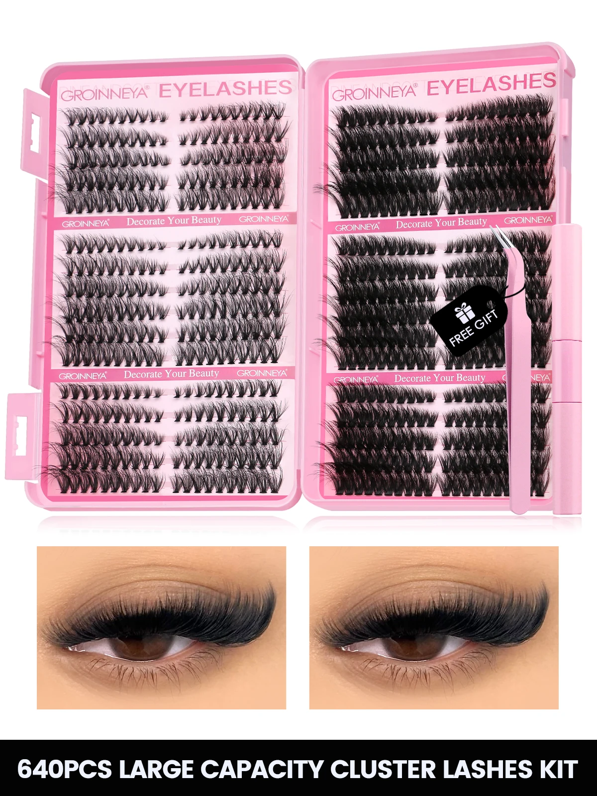 GROINNEYA Lash Clusters Kit Cat Lashes 640 Pcs with Lash Bond & Seal Cluster Eyelash Extensions Eyelash Clusters Kit DIY at Home