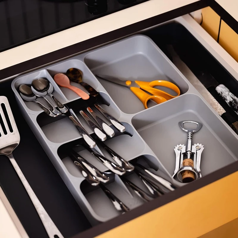 

Kitchen Drawer Organizer Tray For Silverware Cutlery Utensils And Gadgets, Expandable, Gray Easy Install