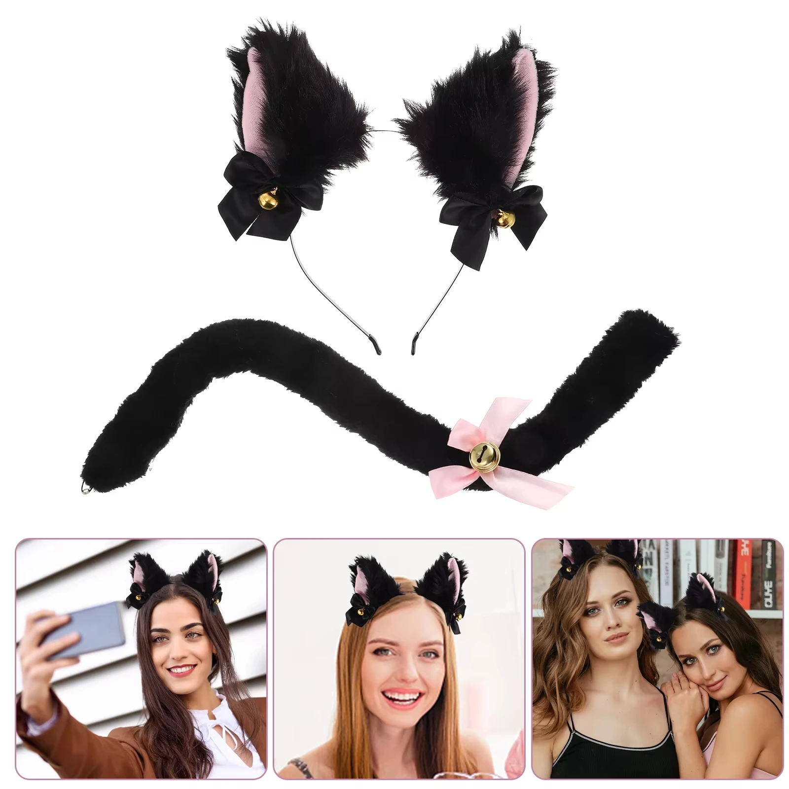 4Pcs Cute Cat Woman Cat Ears Headband Set Bow Jk Cosplay Headwear Cosplay Hair Accessories Lolita Halloween Dress Up Women