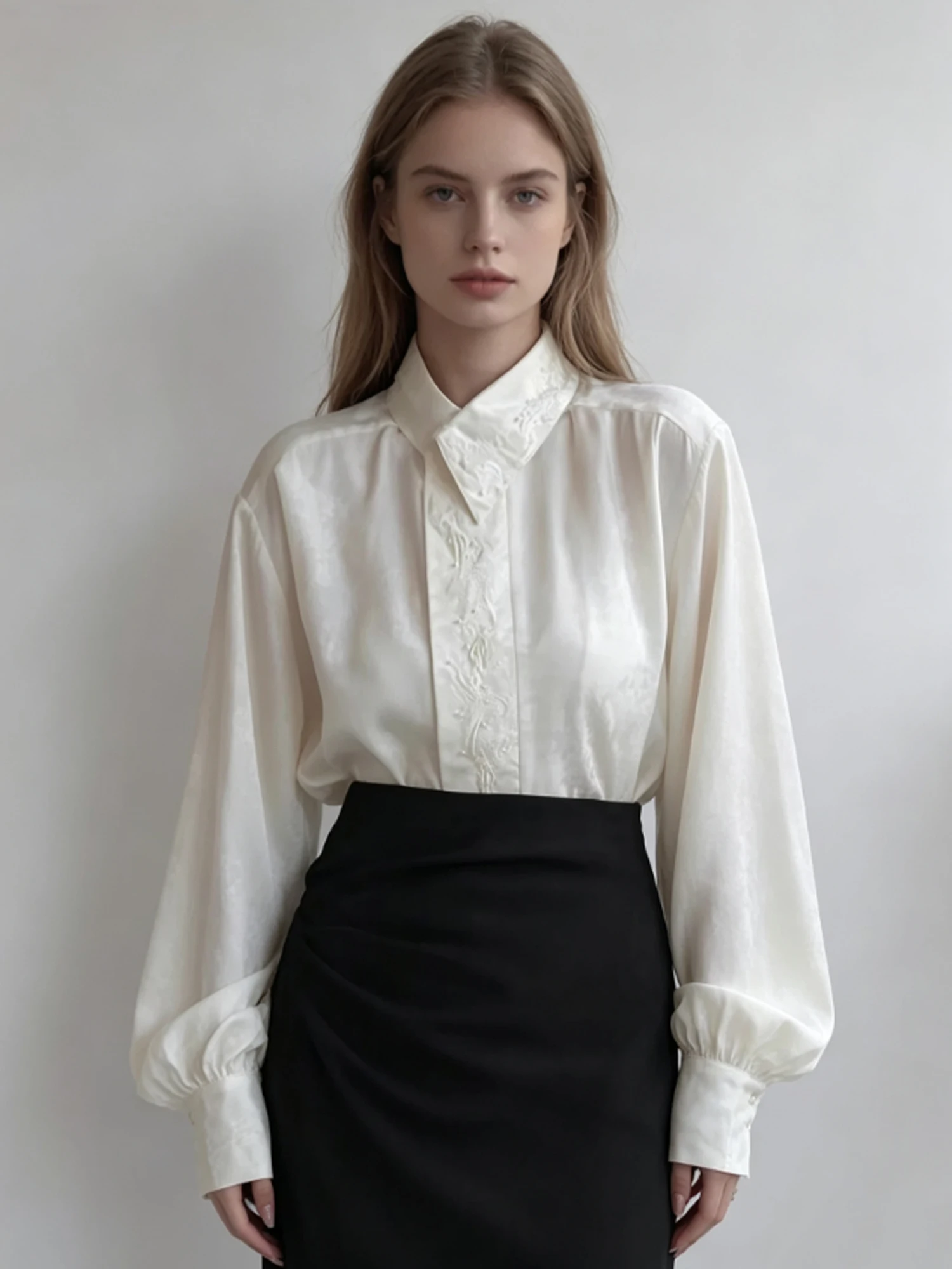 Women's White Satin Blouses and Shirts Elegant Vintage Chinese Style Blouse Long Sleeve Jacquard Shirts for Women Spring Autumn
