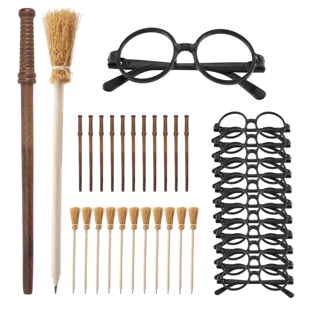 36 Pcs Witch Broom Pencil and Wands Pencils and Glasses with Round Frame No Lenses,Wizard Wands Theme Party Supplies