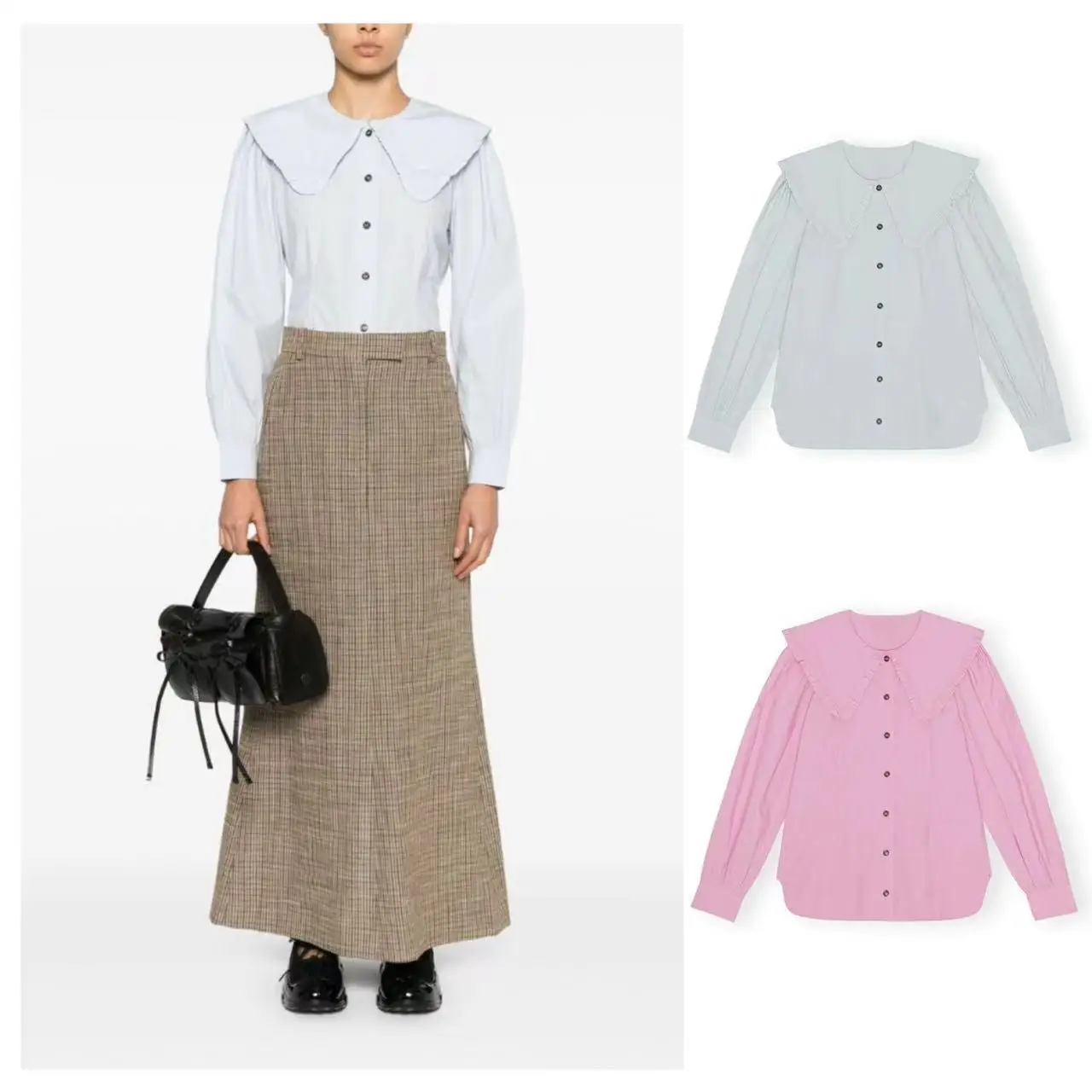

Classic Style Doll Collar Silk Cotton Shirt Large Turnover Collar French Style Straight Cut Long Sleeve Pure Color Button down