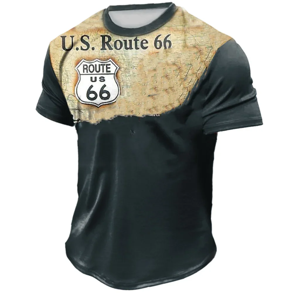 Summer Retro Men\'s T Shirt Route 66 Print Casual Short Sleeve T-Shirt Fashion Streetwear Male Oversized Clothing O-Neck Pullover