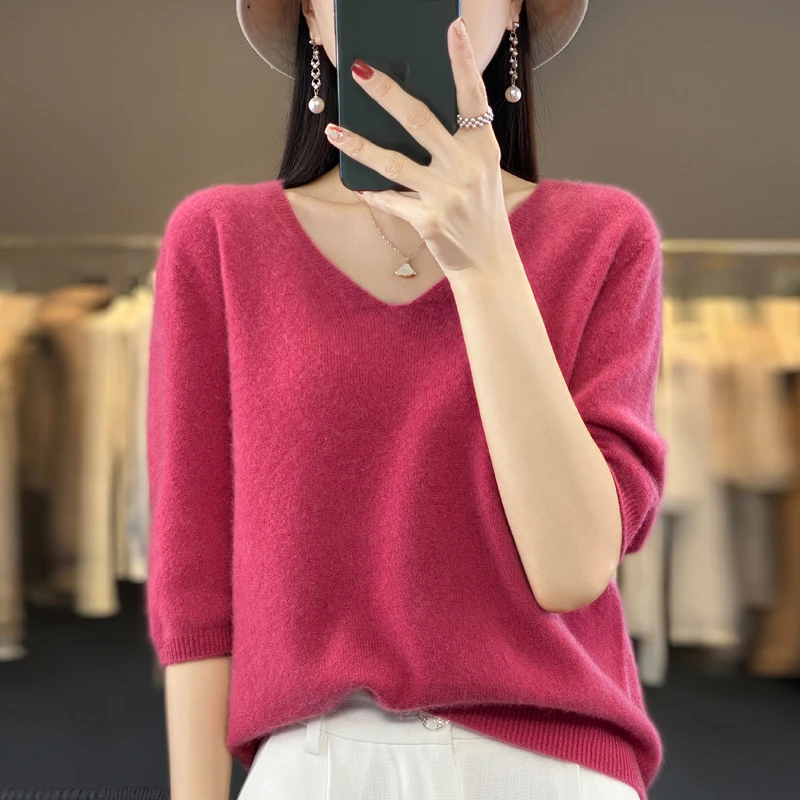 

Spring and summer new first-line ready-to-wear 100% pure wool women's V-neck wool short-sleeved T-shirt loose knit top