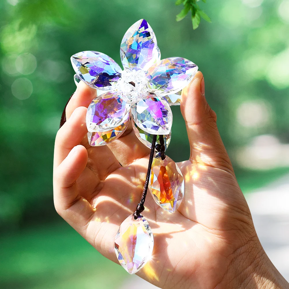 Flower Crystal Car Pendant Sun Catcher Feng Shui Hanging Decor Trim Auto Suspension Rearview Mirror Accessories Christmas Gifts