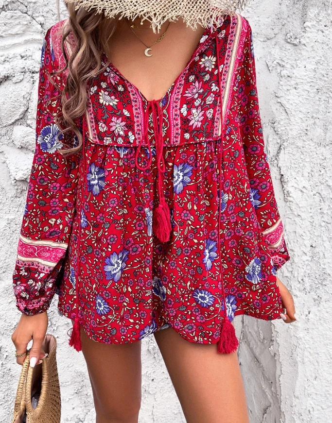 Summer Women\'s Blouse Casual Vacation Bohemian Printed Long Sleeved Shirt 2024 Elegant Women\'s Sexy Temperament Loose Top