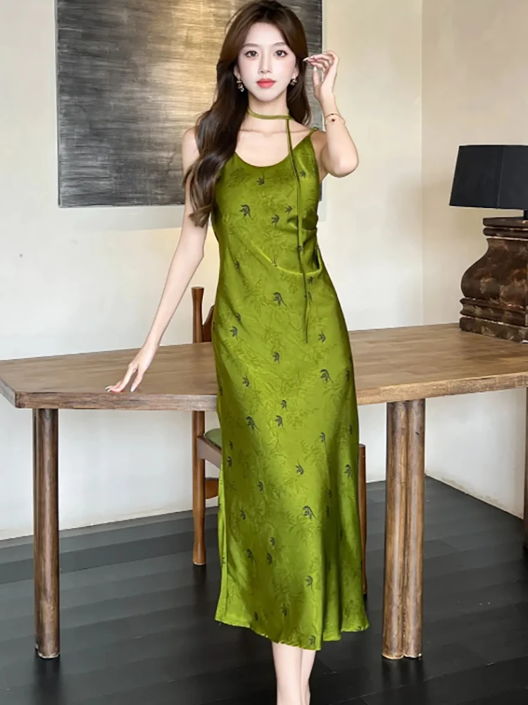 レディース グリーン プリント サテン シック スリング セクシー ロングドレス サマー プリーツ ボディコン ラグジュアリー ドレス 2025 韓国 ヴィンテージ エレガント イブニングドレス