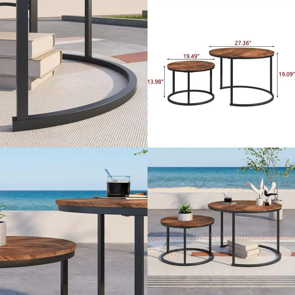 

Set of 2 Round Nesting Side Tables for Living Room/Balcony - Stackable Wood-Look Metal Frame End Tables, Easy Assembly