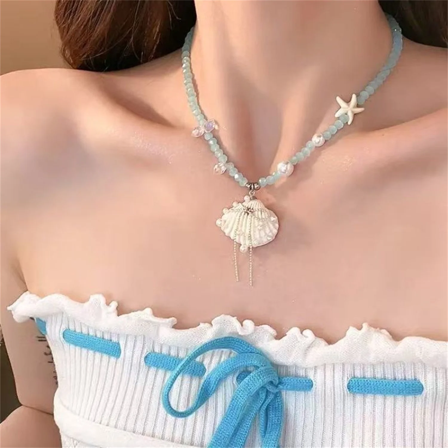 Einzigartige Seestern-Seil-Halsketten für Frauen, Muschel-Imitationsperlen-Schleifen-Quasten-Halsketten, zarter, süßer Sommerschmuck als Geschenk – Detail 4