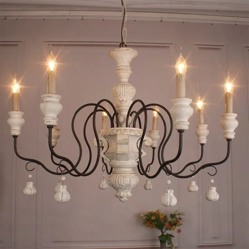 American rural retro chandelier solid wood French pastoral candle chandelier living room dining room bedroom commercial B & B la