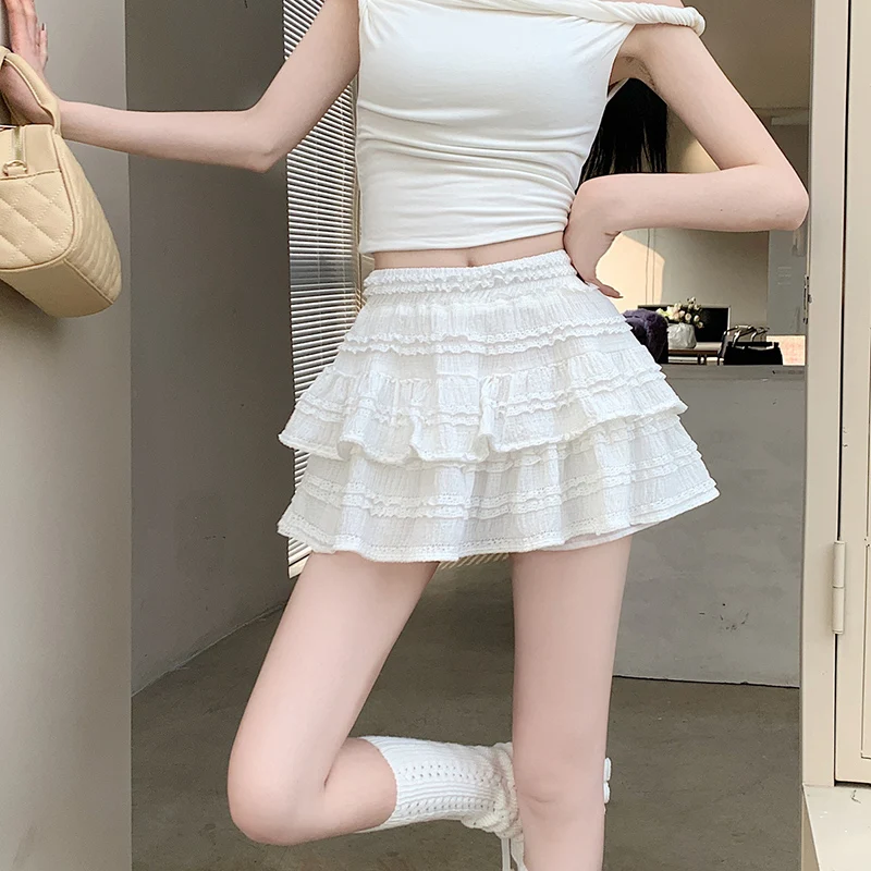 Summer High Waist A Line Cake Skirts Women Korean Y2K Lace Ruffles Mini Skirt Woman 2026 Sweet Puff Ballet Short Skirts Female