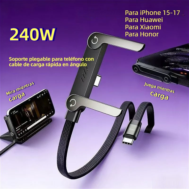 MINGCVIL 240W PD 180 °   Cable de carga rápida plegable con forma de codo, cable de datos trenzado con soporte para teléfono para Xiaomi Samsung Redmi Smartphone