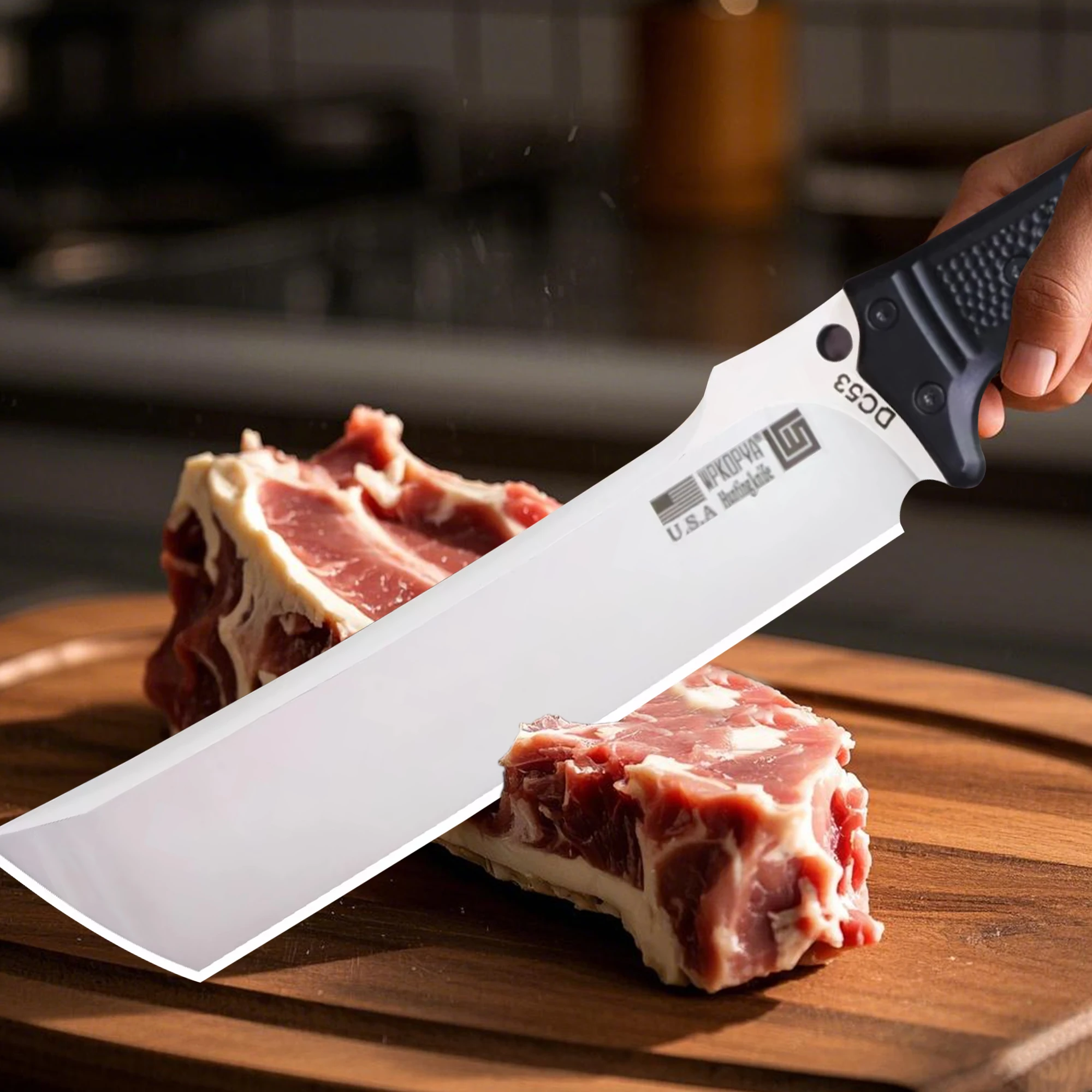 WPKOPYA USA (Frosted) DC53 steel 14-inch kitchen meat chopping knife + sheath, multi-purpose chef\'s knife, chopping knife