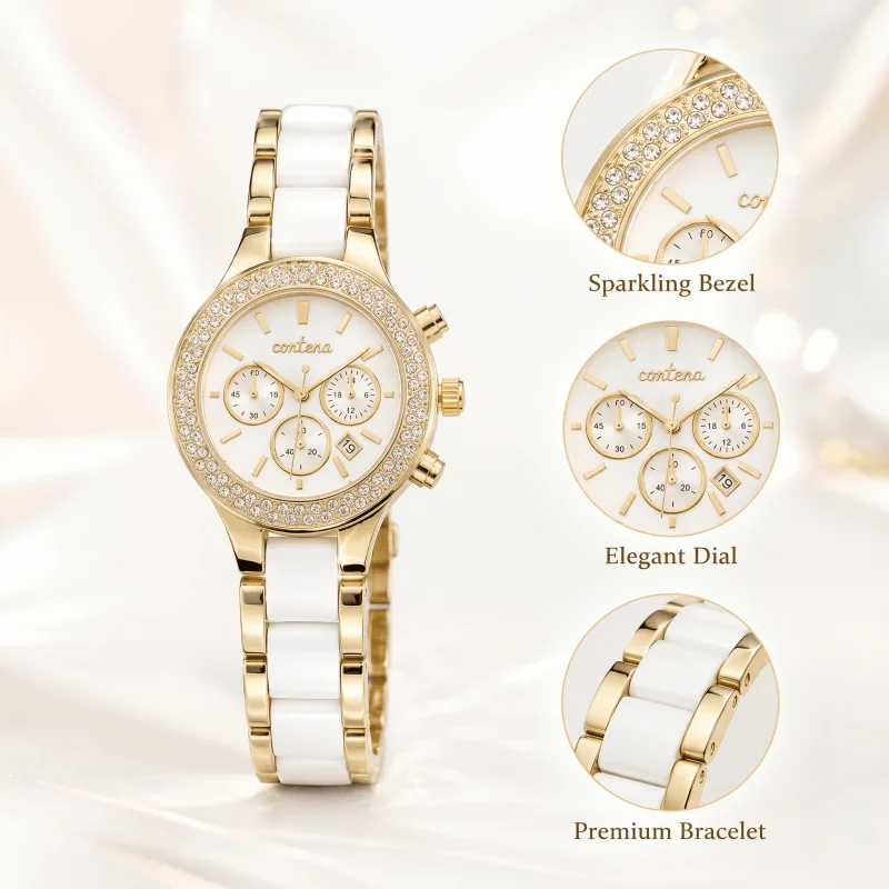 

CONTENA Women's Watch Luxury Rhinestone Bezel Chronograph Quartz Wristwatch Fashion Dress Ladies Watch Clock Gift Reloj Mujer