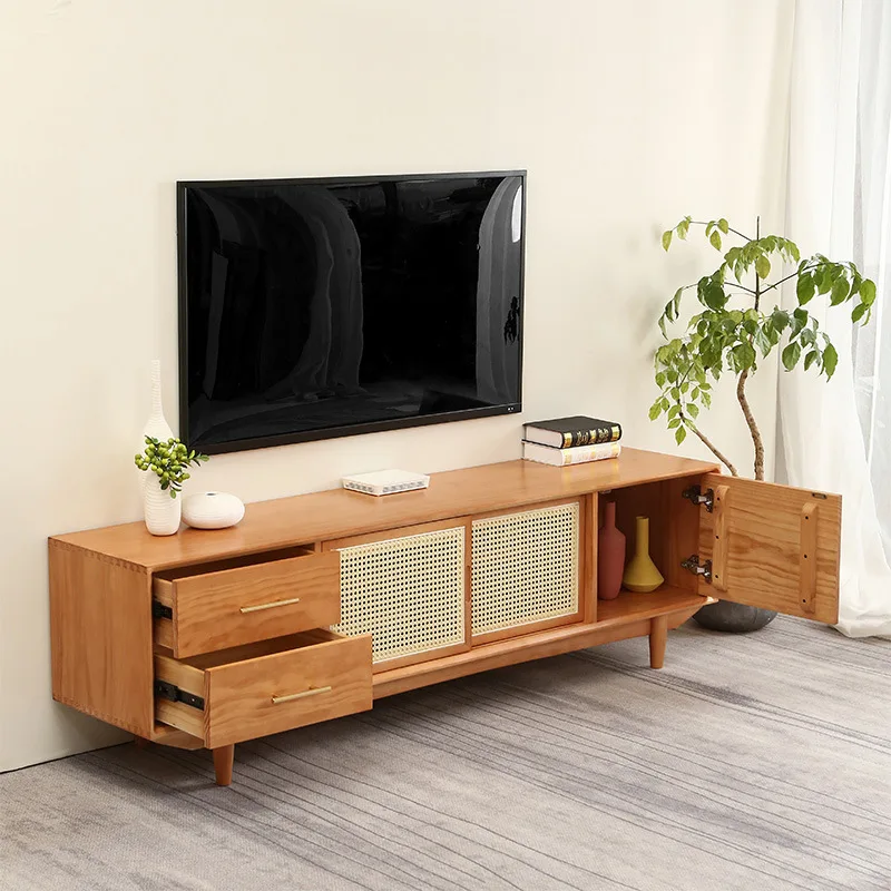 High-end Nordic Massivholz TV Steht Rattan Weben Homestay Lagerung TV Steht Einfache Home Living Home Möbel Ein Fernseher