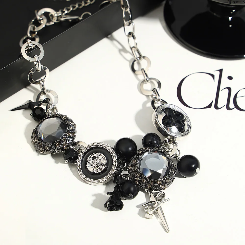 ALLYES Gothic Punk Cross Rose Flower Choker Necklace for Women Y2K Crystal Stone Clavicle Metal Chains Necklace Jewelry Gifts