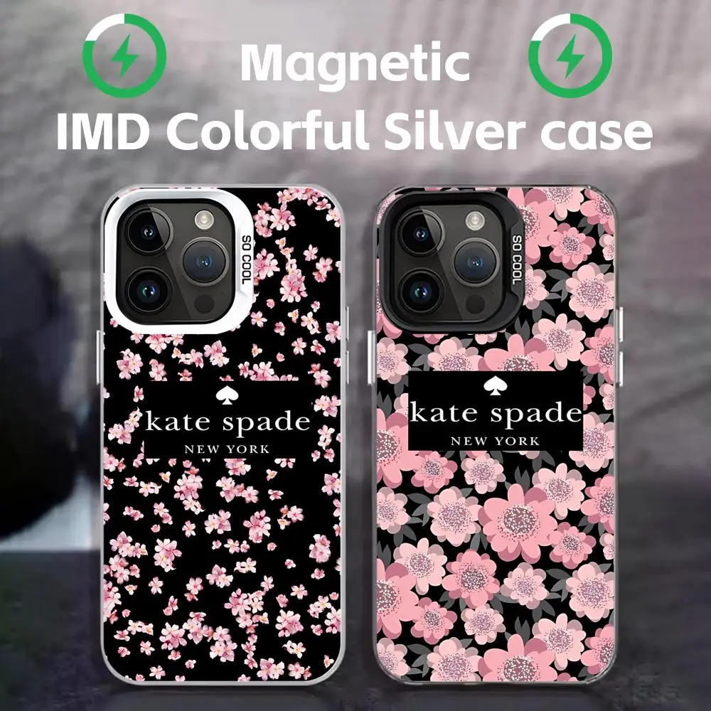 Чехол для телефона k-Kate-SpadeS Flower F-Four-leafs, черный магнитный чехол IMD, цветной, серебристый, подходит для iPhone 16, 15, 14, 13, 12, 11 Pro Max