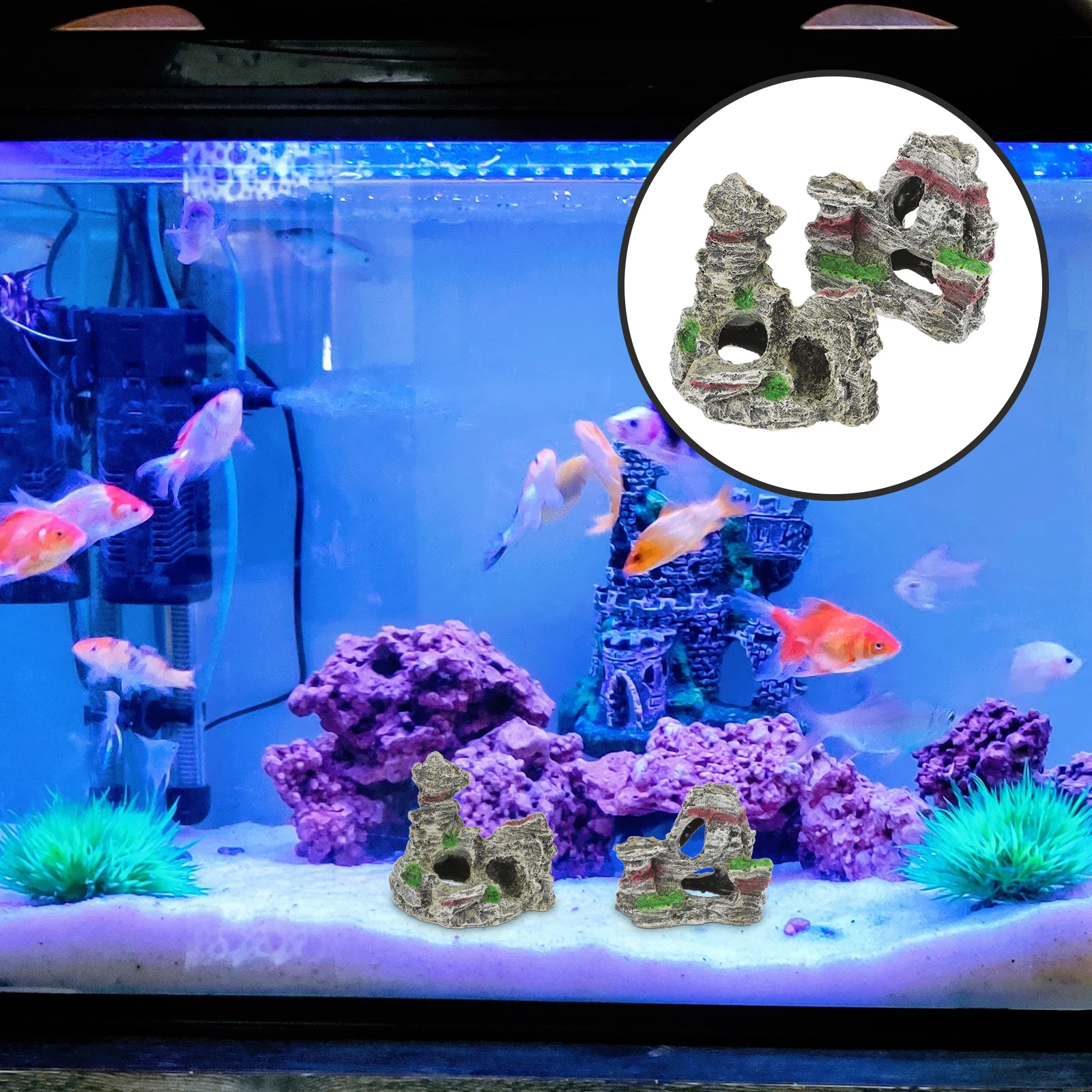 

2pcs Resin Aquarium Rockery Decor Simulated Mountain Cave Safe Durable Creative Decoration Desktop Turtle Shrimp Tank
