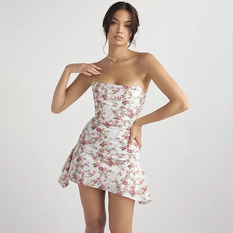 

Women Sexy Strapless Mini Dress 2025 Summer Floral Printed Party A Line Skirt Dresses Female Fashion Casual Vacation Short Dress