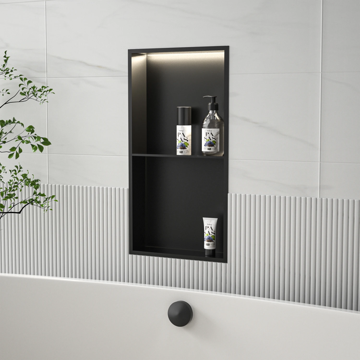 FCC & CE Certified IPX67 Waterproof Black Double Layer Shower Wall Niche Modern Stainless Steel LED Light for Bathroom Use