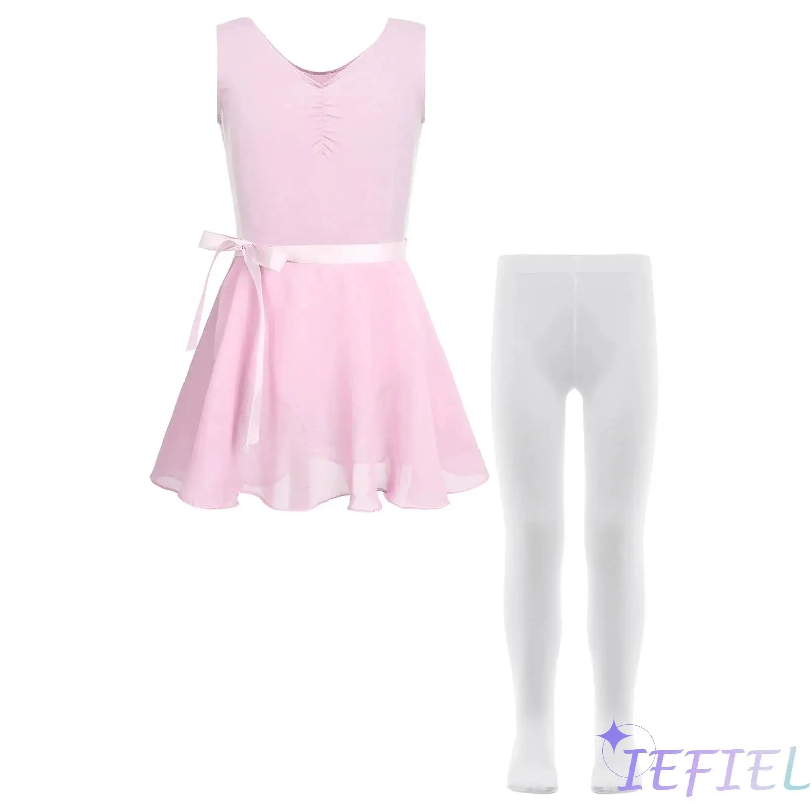 

Kids Girls Ballet Dance Gymnastics Outfit Sleeveless Ruched Leotard with Self-Tie Chiffon Skirt And Pantyhose Ballet Dancewear