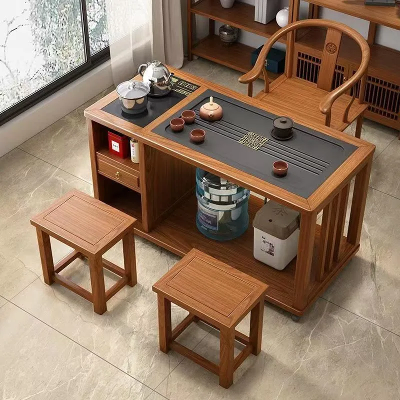 Yjq new Chinese balcony small tea table and chair combination home office tea table solid wood mobile tea cabinet