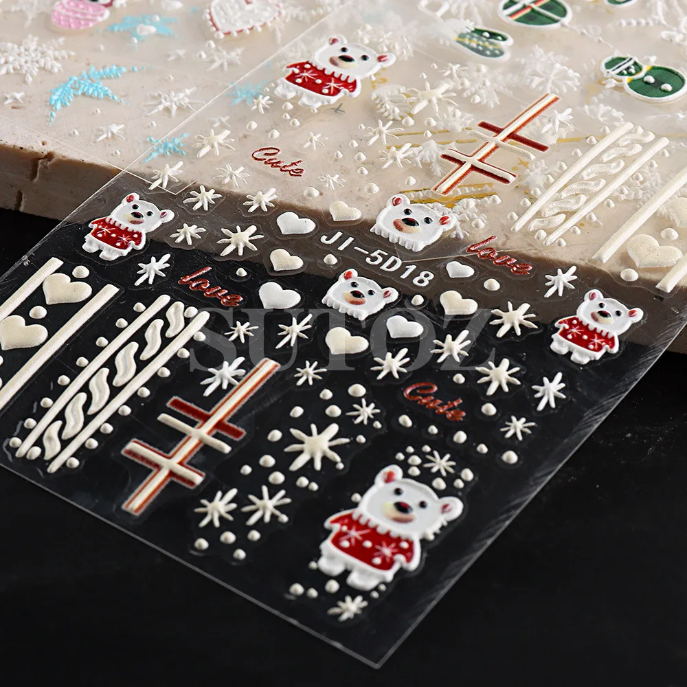 2024 New Christmas Nail Stickers 5D Relief Winter Snowflake Bear Nail Sticker for Women and Girl Santa Claus Nail Sticker Art