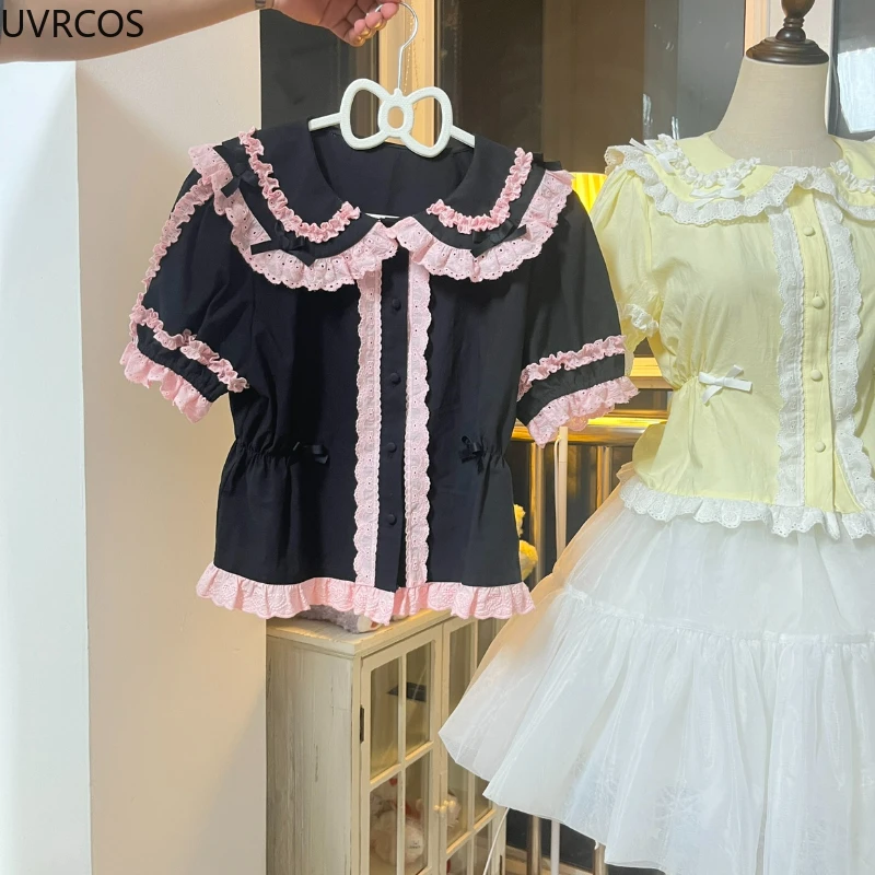 Japanese Sweet Lolita Style Shirts Women Kawaii Ruffles Bow Peter Pan Collar Short Sleeve Blouses Girls Vintage Gothic Slim Tops