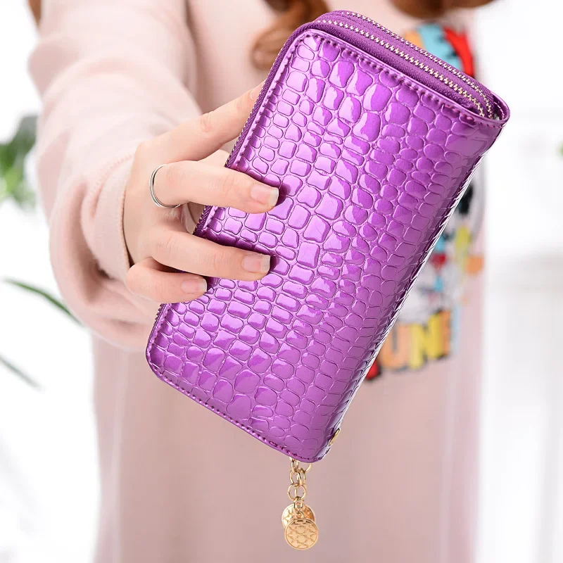 Femalelong Purse Fashion Bright Lacquered Coin Handbag Solid Color Double Zipper Larger Capacity Card Stone Pattern Long Wallet