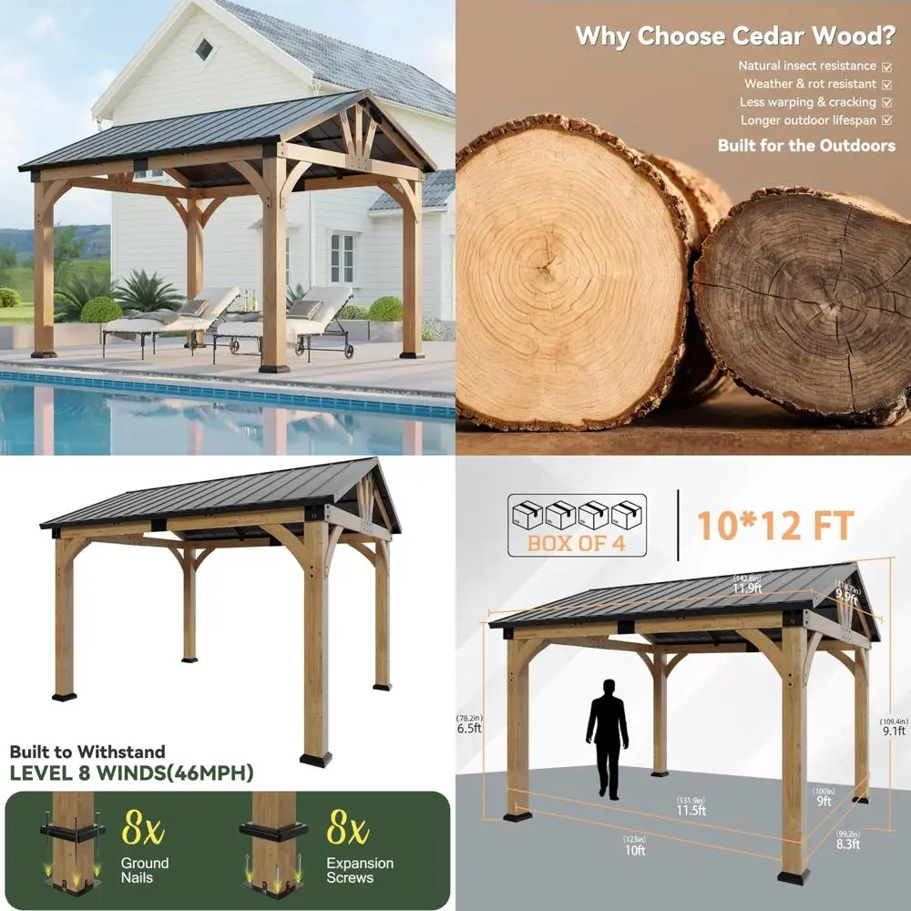 

10x12 ft cedar wood gazebo, hardtop gazebo with galvanized steel peak roof, outdoor pavilion for snow support, wind resistance,