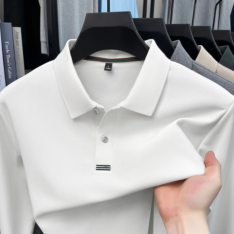 100% Cotton High-End Men's Polo Shirt, New Spring and Autumn Long-Sleeve T-Shirt with Turn-Down Collar, Loose Casual Top