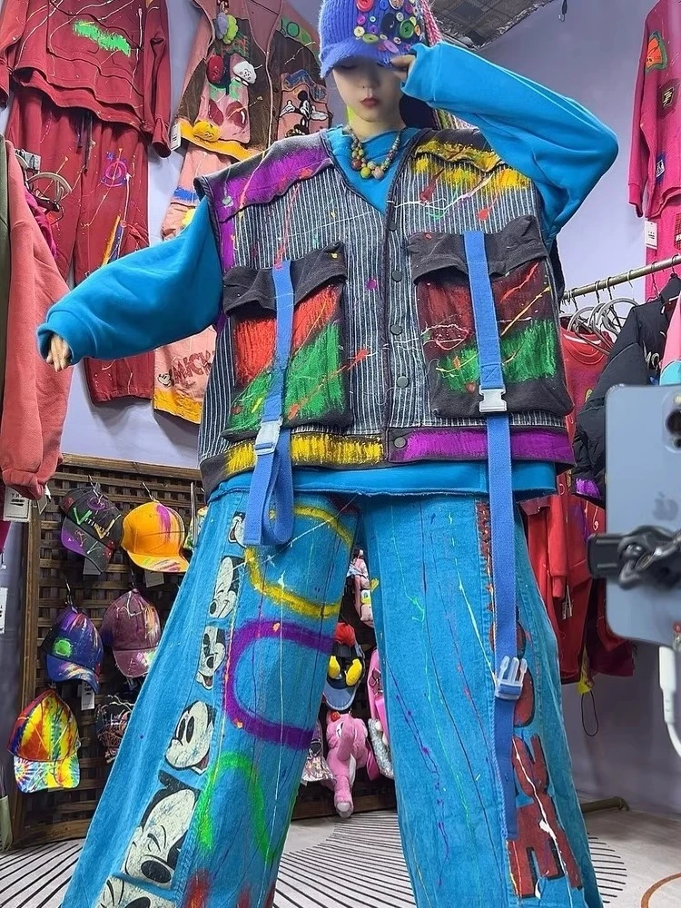 

Baggy Jeans Women 2026 New European-style Women's Clothing Hand-painted Graffiti Print Fashion Loose Patchwork Sweatshirt Vest