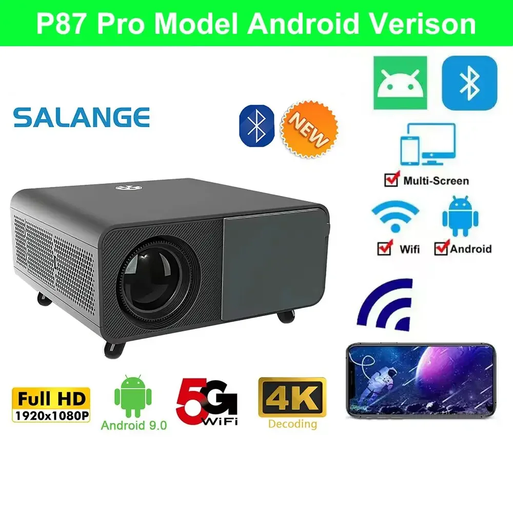 Salange P87 Pro Hot Sell Full HD 1080P 300ANSI Lumens Android 9 LED Portable Projector 1GB 16GB Auto Focus 4K Video Home Theater