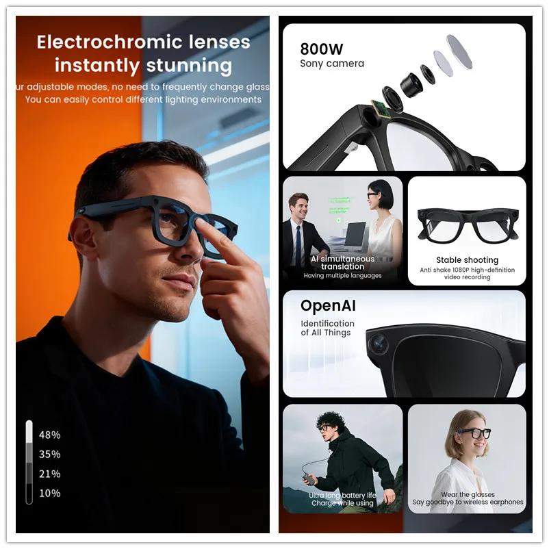 New Smart Glasses HD 8K Electrochromic Lens Bluetooth Call Music AI Voice Translate Video Recording Camera Sunglasses Men Women