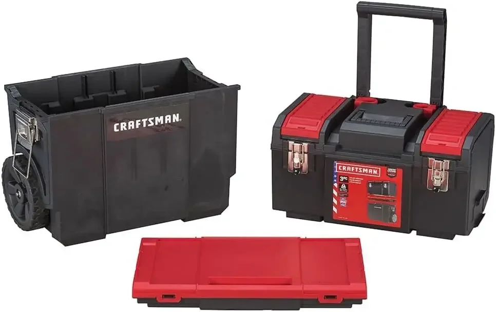 19-in. 3-in-1 Rolling Tool Box with Wheels, Red, Plastic, Lockable (CMST18614)