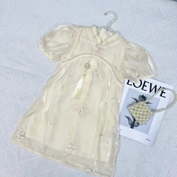 Girl's 2024 Summer Fashion Solid Color Short sleeved Ancient Style Pearl White Jade Beauty Dress