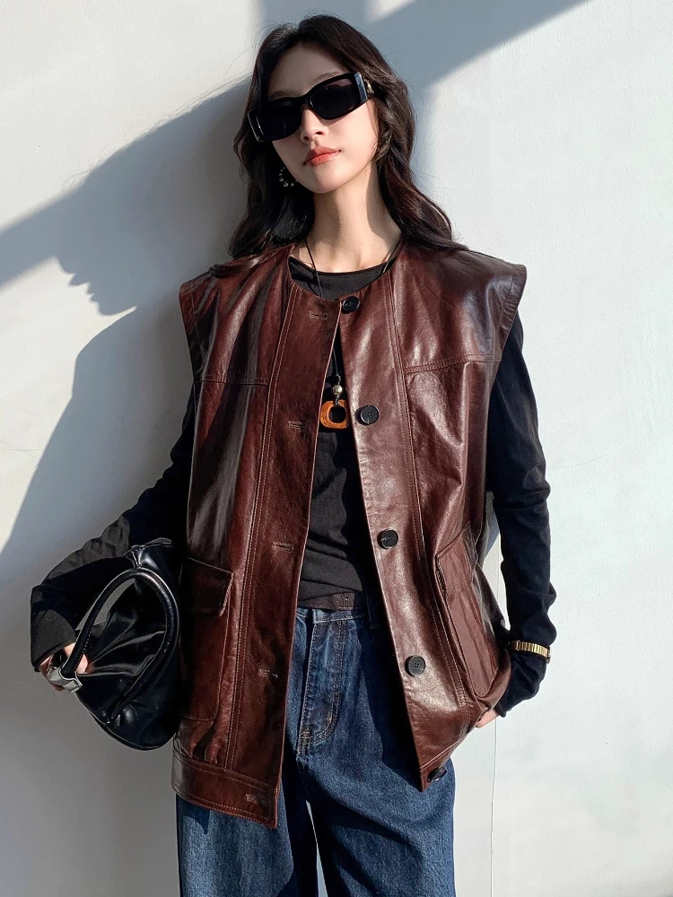 Gilet senza maniche in vera pelle per donna Primavera Autunno 2025 Nuovo cappotto in vera pelle di pecora solida semplice di fascia alta con cera d'olio morbida