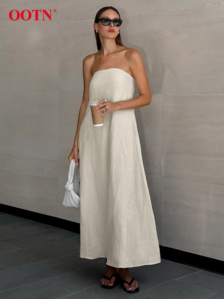 OOTN Fashion Khaki Strapless Linen Dress Women Summer 2024 Pockets A-Line Long Dresses Elegant Solid Backless Party Dress Female