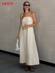 OOTN Fashion Khaki Strapless Linen Dress Women Summer 2024 Pockets A-Line Long Dresses Elegant Solid Backless Party Dress Female