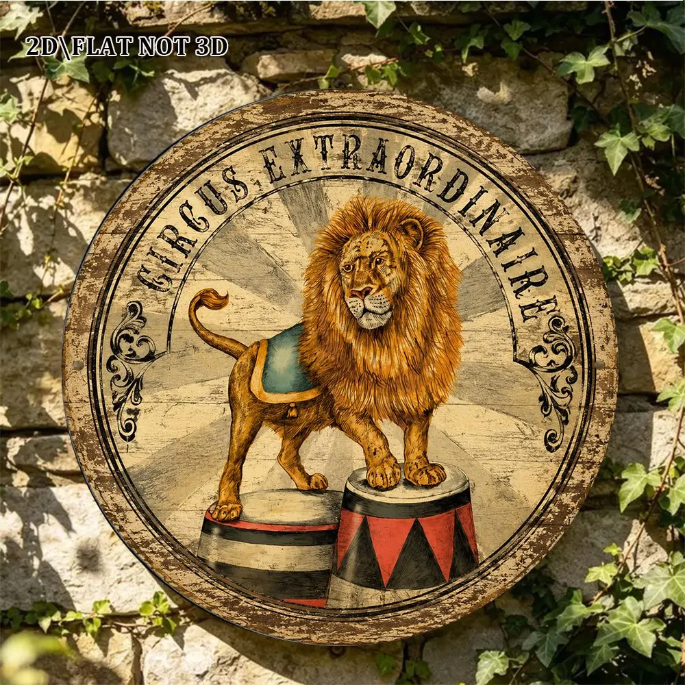 2D Flat, 1pc 1pcs Vintage Circus Lion Wall Decor - Round Sign Suitable for Bar, Cafe, Bedroom, Retro Lion Performance Plaque for