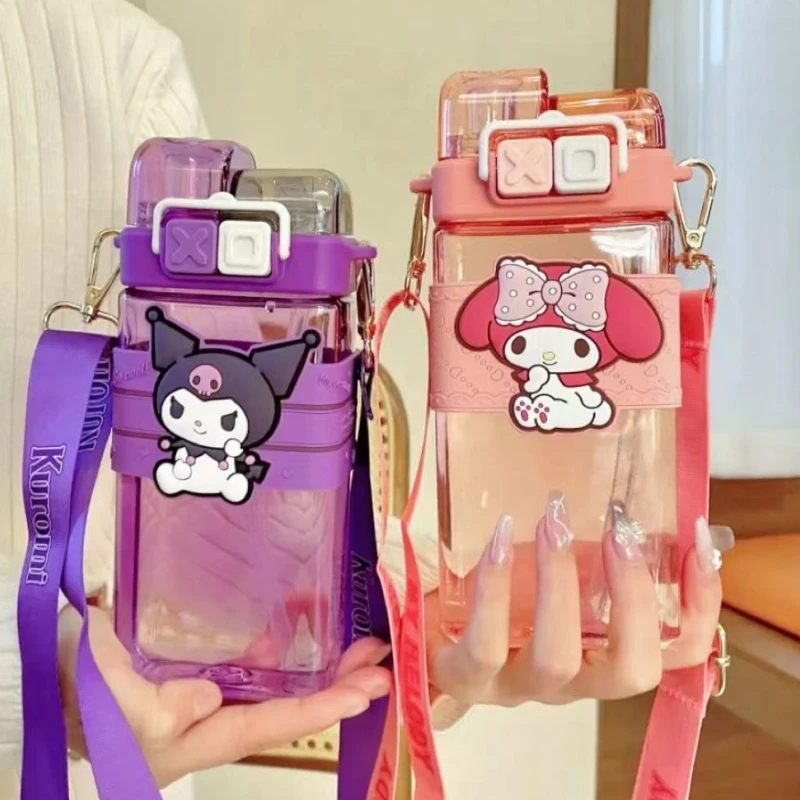 Kuromi Sanrio Melody Pompompurin Cinnamoroll Plastic Bottle Double Drink Cup Students Cartoon Large Capacity 520ml Water Bottle