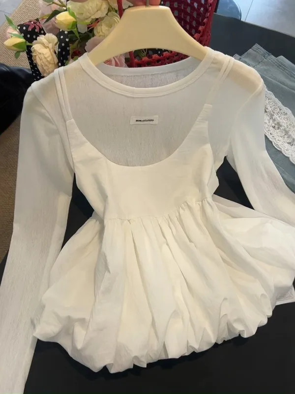 

Gentle Korean Style Bloomer Crop Top Long Sleeve Women's T-shirt Summer Layering Anti-aging Sun Protection Two-piece Set