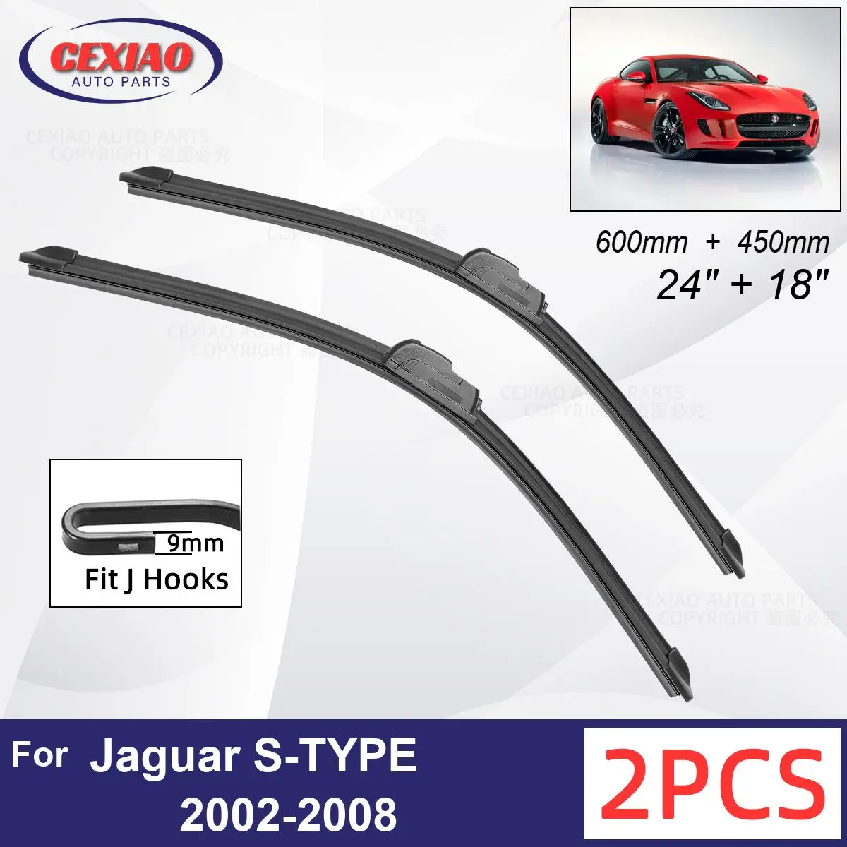 

Car Wiper For Jaguar S-TYPE 2002-2008 Front Wiper Blades Soft Rubber Windscreen Wipers Auto Windshield 24" 18" 600mm + 450mm