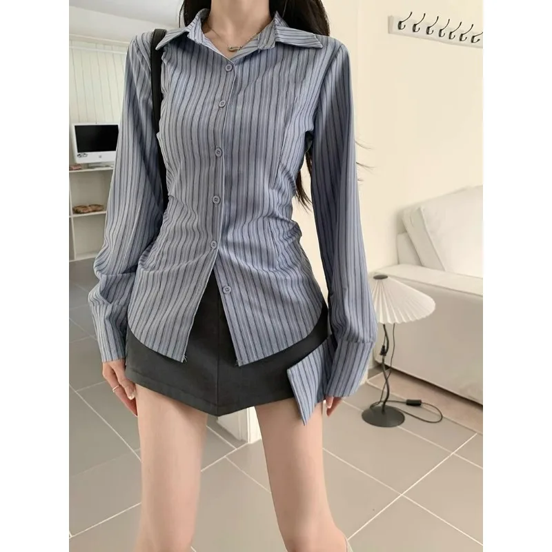 Blue Striped Long-sleeved Shirt Spring Autumn Design Slim Waist Top