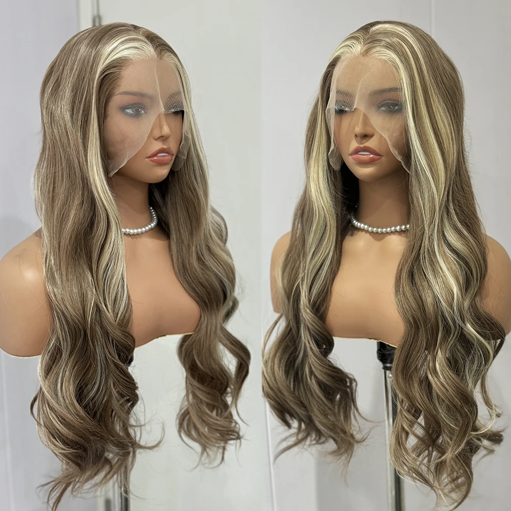 Hightlights Brown Wig Ash Blonde Synthetic Hair Long Wave Deep Body Wave Glueless Wigs Frontal Lace Wigs For Women Cosplay Party