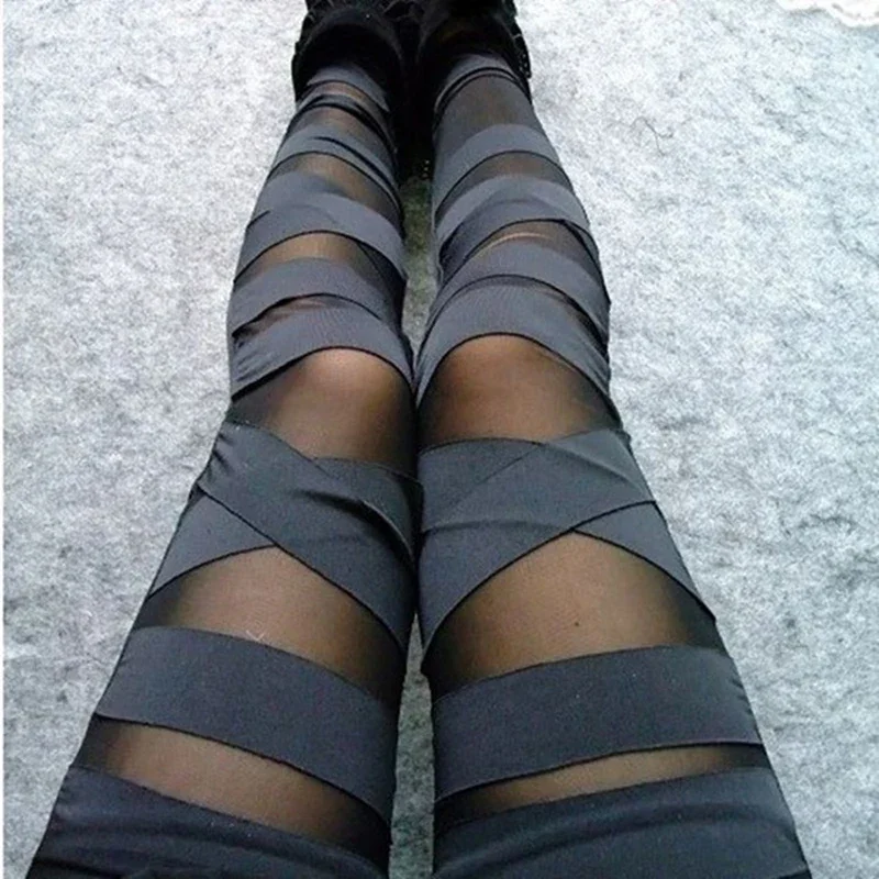 ผู้หญิงสบายๆแฟชั่น Gothic Legging Leggins Slim High เอวกางเกงขายาวผู้หญิงกางเกงผ้าไหม Hollow สายคล้องฟิตเนส Leggings